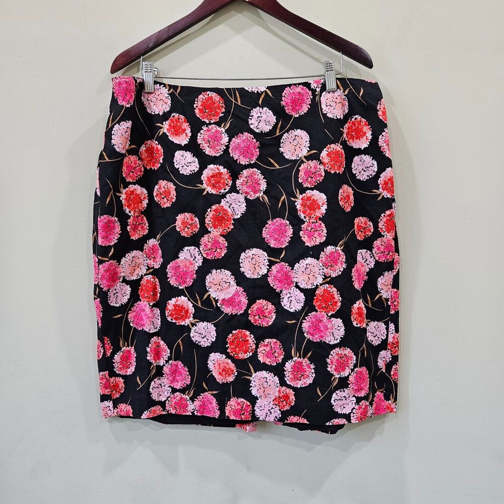 Talbots Women Floral Slim Fit Short Skirt 16W Black Red Pink Lined Summer Office